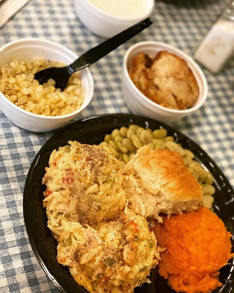 Chicken Orzo Pasta with Assorted Vegetable Sides and Peach Cobbler