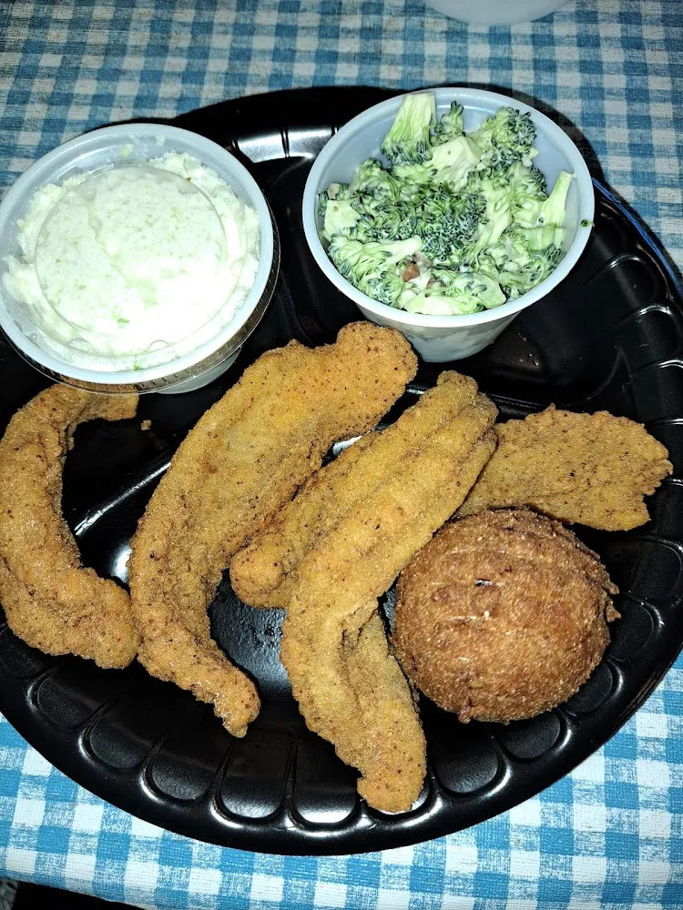 Fried Catfish with Broccoli Salad and Coleslaw