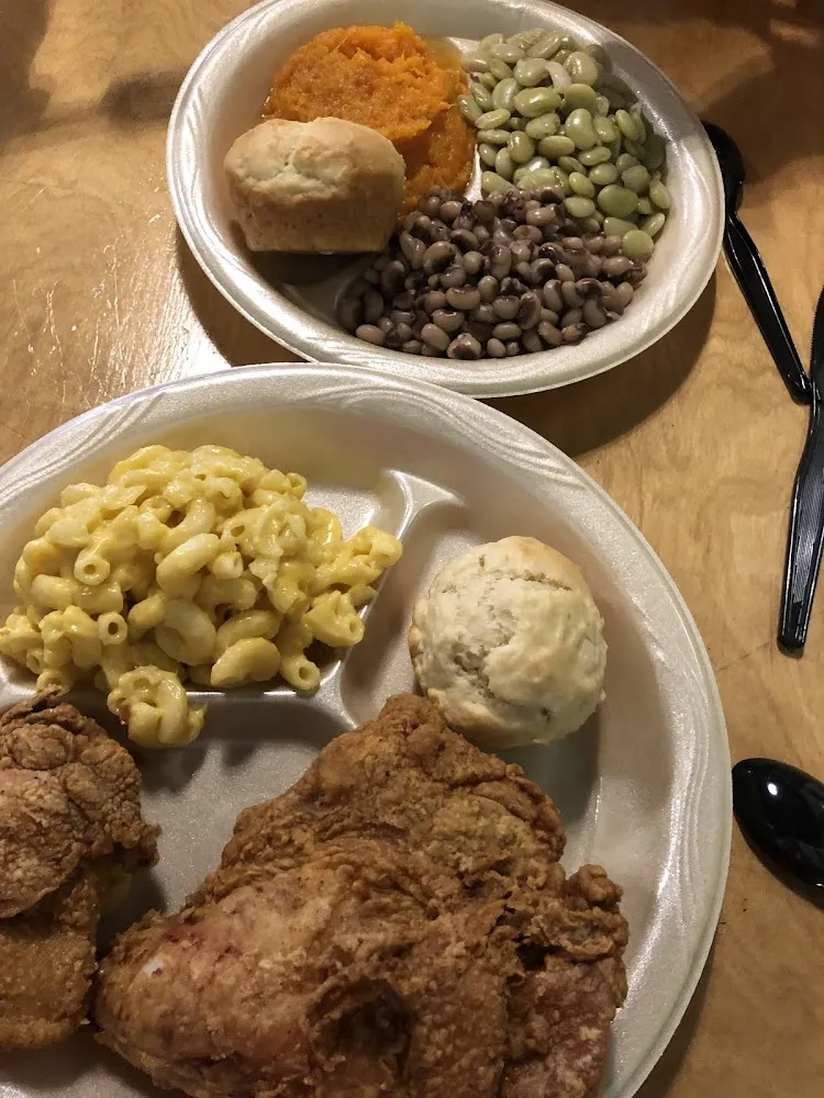Vegetable Plate and Fried Chicken Plate with Macaroni and Cheese